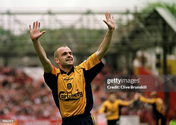 Danny Murphy of Liverpool celebrates scoring the second goal during the FA Carling Premiership match between CHarlton Athletic and Liverpool played...