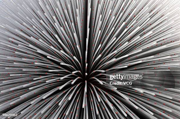 Close up of some of the 60,000 transparent seed encased acrylic rods of the UK Pavilion designed by Heatherwick Studio during the trail run of the...