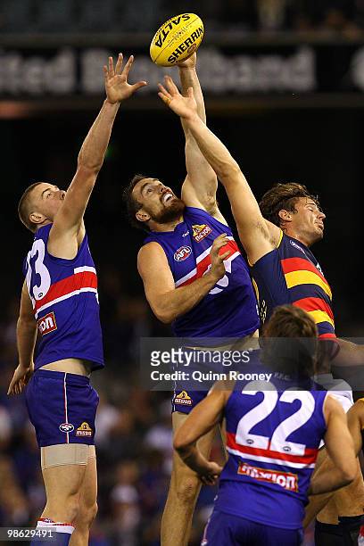 Ben Hudson of the Bulldogs taps it out of the ruck during the round five AFL match between the Western Bulldogs and the Adelaide Crows at Etihad...