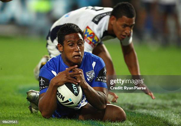 Ben Barba of the Bulldogs crosses to score a try during the round seven NRL match between the Canterbury Bulldogs and the Brisbane Broncos at ANZ...