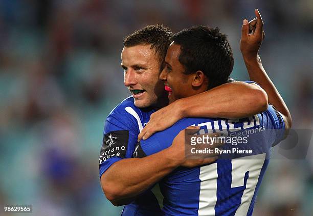 Ben Barba and Blake Green of the Bulldogs celebrate a try during the round seven NRL match between the Canterbury Bulldogs and the Brisbane Broncos...