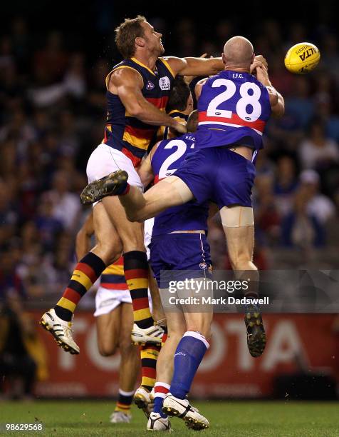 Barry Hall of the Bulldogs flies for a mark with Ben Rutten of the Crows during the round five AFL match between the Western Bulldogs and the...