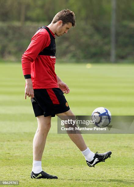 Michael Carrick of Manchester United controls the ball during a First Team Training Session at Carrington Training Ground on April 23 2010, in...