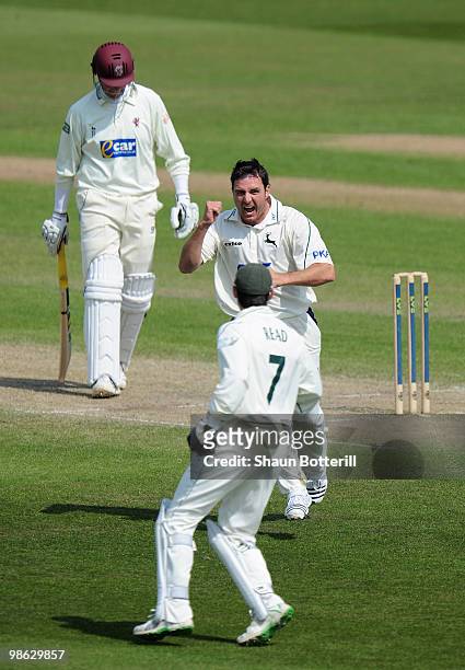 Paul Franks of Nottinghamshire celebrates after taking the wicket of Marcus Trescothick of Somerset on 98 during the LV County Championship match...