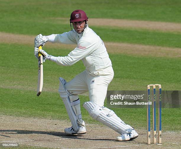 Marcus Trescothick of Somerset plays a shot during his innings of 98 during the LV County Championship match between Nottinghamshire and Somerset at...