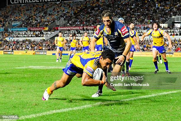 Kirsnan Inu of the Eels scores the match winning try during the round seven NRL match between the North Queensland Cowboys and the Parramatta Eels at...