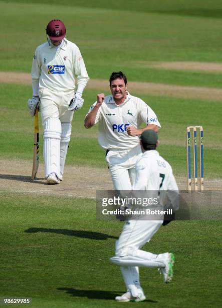 Paul Franks of Nottinghamshire celebrates after taking the wicket of Marcus Trescothick of Somerset on 98 during the LV County Championship match...