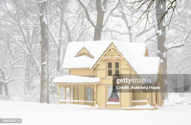 little house in a snowstorm by aubrieta v hope - aubrieta stock pictures, royalty-free photos & images