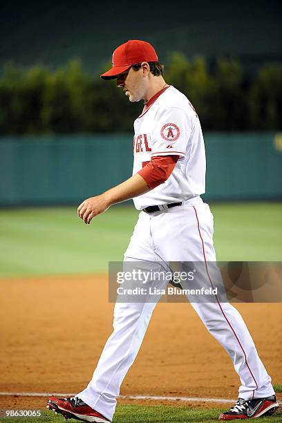 Pitcher Joe Saunders of the Los Angeles Angels of Anaheim leaves the game in the third inning against the Detroit Tigers at Angel Stadium of Anaheim...