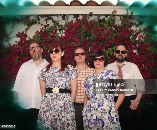 Gavin Dunbar, Carey Lander, Lee Thomson, Tracyanne Campbell and Kenny McKeeve of Camera Obscura pose backstage on day 2 of Coachella Valley Music &...