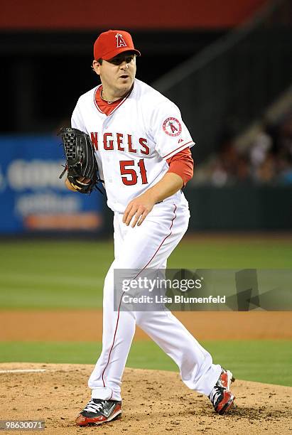 Joe Saunders of the Los Angeles Angels of Anaheim pitches against the Detroit Tigers at Angel Stadium of Anaheim on April 22, 2010 in Anaheim,...