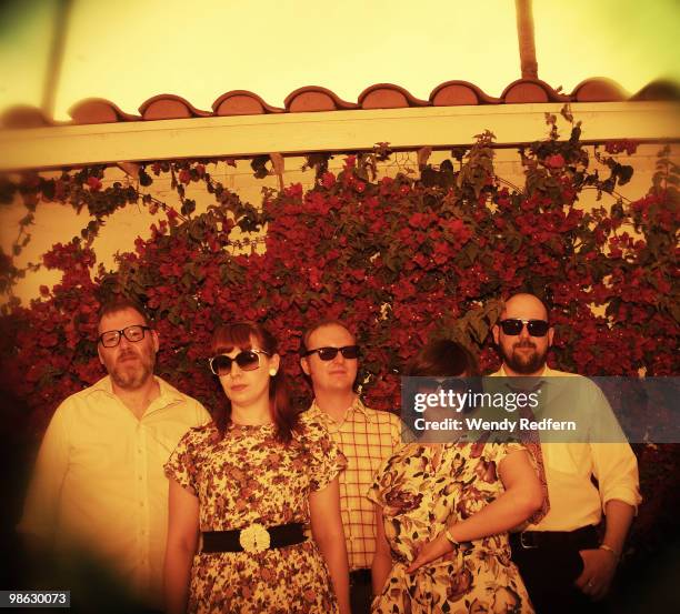 Gavin Dunbar, Carey Lander, Lee Thomson, Tracyanne Campbell and Kenny McKeeve of Camera Obscura pose backstage on day 2 of Coachella Valley Music &...