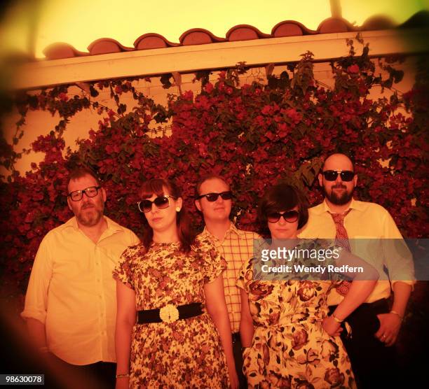 Gavin Dunbar, Carey Lander, Lee Thomson, Tracyanne Campbell and Kenny McKeeve of Camera Obscura pose backstage on day 2 of Coachella Valley Music &...