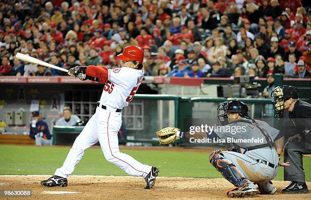 Hideki Matsui of the Los Angeles Angels of Anaheim hits a homerun in the fifth inning against the Detroit Tigers at Angel Stadium of Anaheim on April...