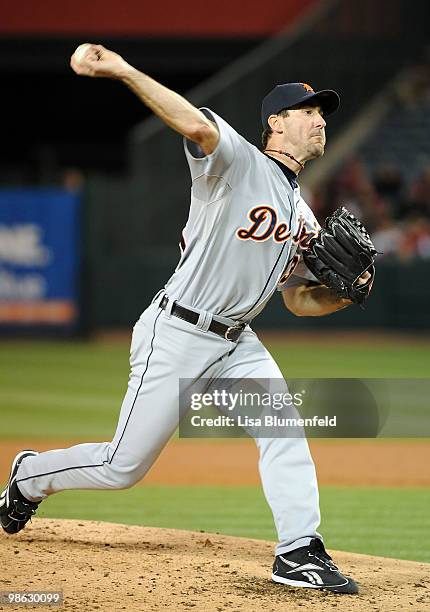 Justin Verlander of the Detroit Tigers pitches against the Los Angeles Angels of Anaheim at Angel Stadium of Anaheim on April 22, 2010 in Anaheim,...
