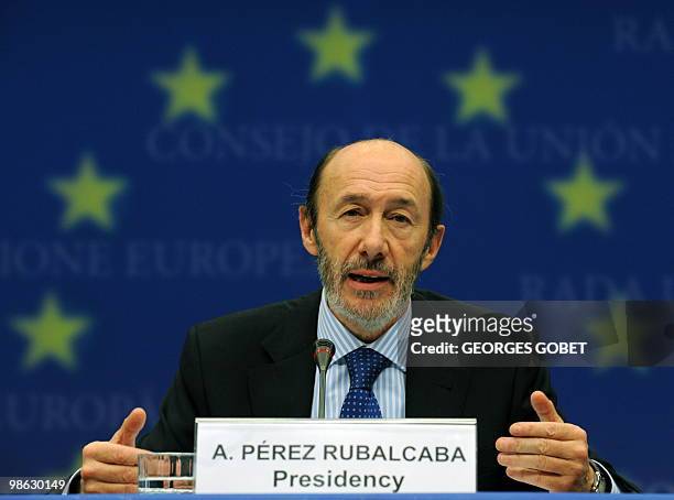 Spanish minister of Interior Alfredo Perez Rubalcaba gestures during a joint press conference with EU commissioner for Home Affairs Cecilia Malmström...