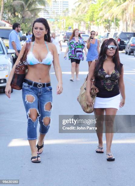 Nicole 'Snooki' Polizzi and Jenni 'J Wow' Farley are seen on April 22, 2010 in Miami Beach, Florida.