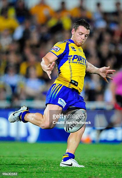 Matt Keating of the Eels kicks the ball during the round seven NRL match between the North Queensland Cowboys and the Parramatta Eels at Dairy...