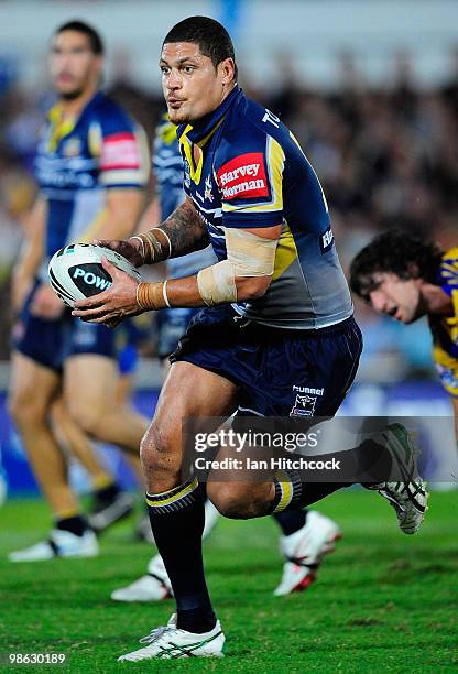 Willie Mason of the Cowboys runs the ball during the round seven NRL match between the North Queensland Cowboys and the Parramatta Eels at Dairy...