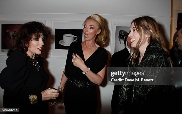 Joan Collins, Tamara Beckwith, Anouska Beckwith attend a viewing of photographs and art featuring work by Irish photographer Bob Carlos Clarke at the...