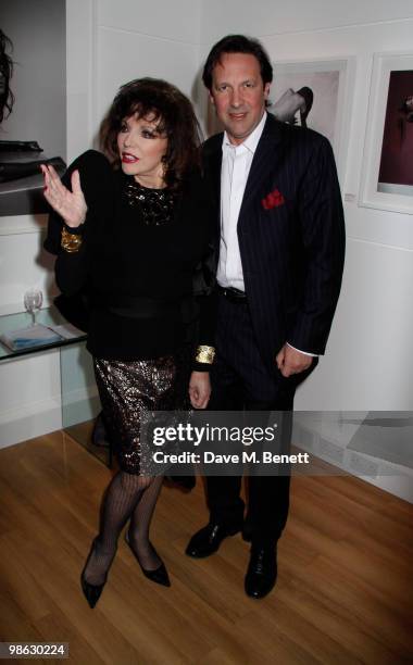 Joan Collins attends a viewing of photographs and art featuring work by Irish photographer Bob Carlos Clarke at the "Little Black Gallery" London, on...