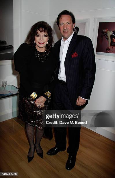 Joan Collins attends a viewing of photographs and art featuring work by Irish photographer Bob Carlos Clarke at the "Little Black Gallery" London, on...