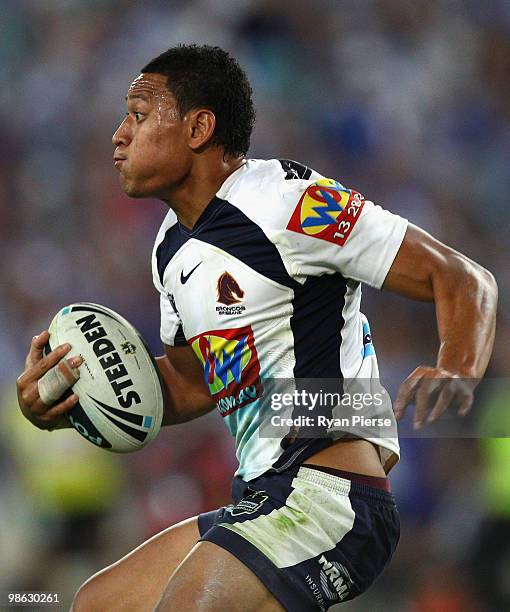 Israel Folau of the Broncos runs with the ball during the round seven NRL match between the Canterbury Bulldogs and the Brisbane Broncos at ANZ...