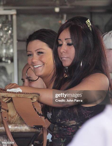 Nicole 'Snooki' Polizzi and Jenni 'J Wow' Farley are seen on April 22, 2010 in Miami Beach, Florida.