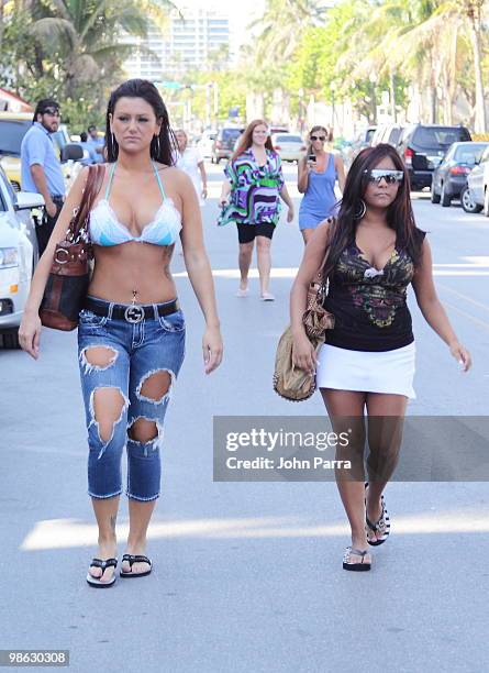 Nicole 'Snooki' Polizzi and Jenni 'J Wow' Farley are seen on April 22, 2010 in Miami Beach, Florida.