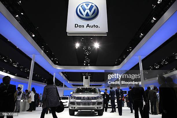 Volkswagen AG Touareg Hybrid vehicle is displayed at the Beijing Auto Show in Beijing, China, on Friday, April 23, 2010. The show will be held...