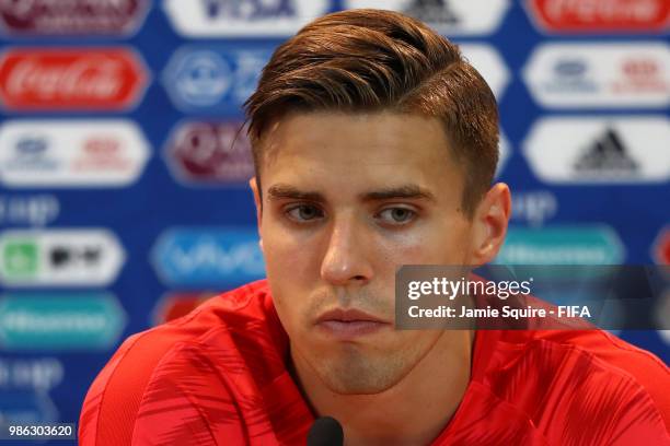 Jan Bednarek of Poland attends the post match press conference following the 2018 FIFA World Cup Russia group H match between Japan and Poland at...