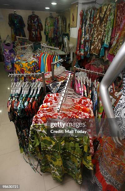 Chic kurtis can be seen displayed at the Paharganj market in New Delhi on April 21, 2010.