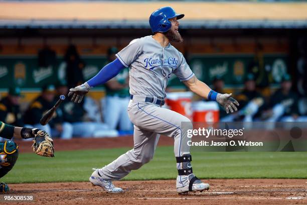 Alex Gordon of the Kansas City Royals at bat against the Oakland Athletics during the fourth inning at the Oakland Coliseum on June 8, 2018 in...