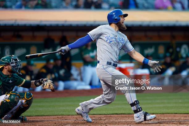 Alex Gordon of the Kansas City Royals at bat against the Oakland Athletics during the fourth inning at the Oakland Coliseum on June 8, 2018 in...