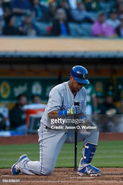 Salvador Perez of the Kansas City Royals strikes out against the Oakland Athletics during the fourth inning at the Oakland Coliseum on June 8, 2018...