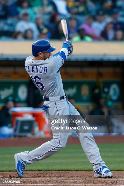 Paulo Orlando of the Kansas City Royals at bat against the Oakland Athletics during the second inning at the Oakland Coliseum on June 8, 2018 in...