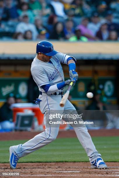 Paulo Orlando of the Kansas City Royals at bat against the Oakland Athletics during the second inning at the Oakland Coliseum on June 8, 2018 in...