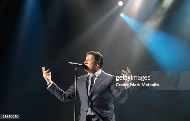 Tony Hadley of Spandau Ballet performs on stage during their concert at the Sydney Entertainment Centre on April 23, 2010 in Sydney, Australia.