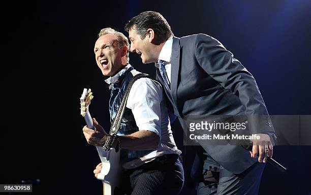 Gary Kemp and Tony Hadley of Spandau Ballet perform on stage during their concert at the Sydney Entertainment Centre on April 23, 2010 in Sydney,...