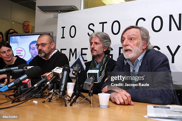 Medical workers Matteo Dell'Aira and Marco Garatti attend a press conference with Gino Strada, founder of Italian aid agency Emergency, at the...