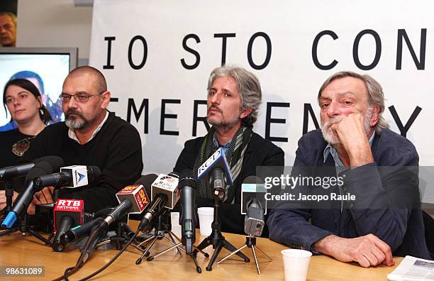Medical workers Matteo Dell'Aira and Marco Garatti attend a press conference with Gino Strada, founder of Italian aid agency Emergency, at the...