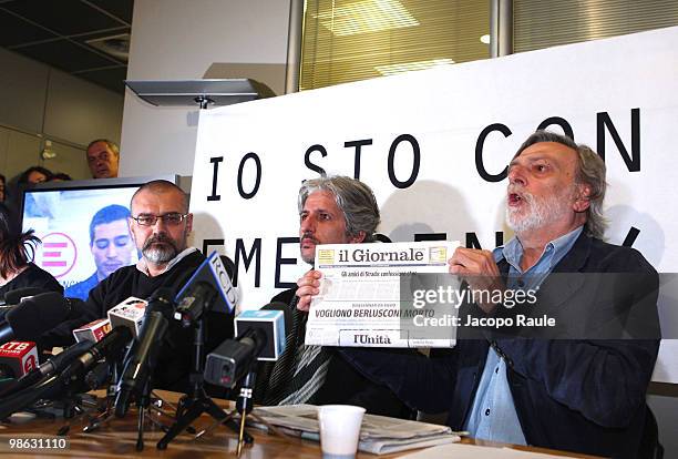 Medical workers Matteo Dell'Aira and Marco Garatti attend a press conference with Gino Strada, founder of Italian aid agency Emergency, at the...