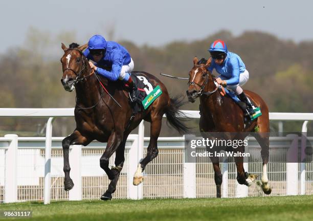 Frankie Dettori riding Chabal wins the bet365.com Classic Trial race at Sandown Park Race Course on April 23, 2010 in Esher, England.