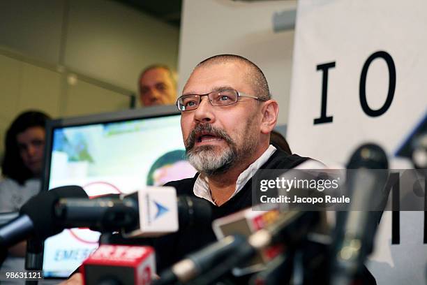 Medical worker Marco Garatti attends a press conference at the headquarters of Italian aid agency Emergency on April 23, 2010 in Milan, Italy. Matteo...