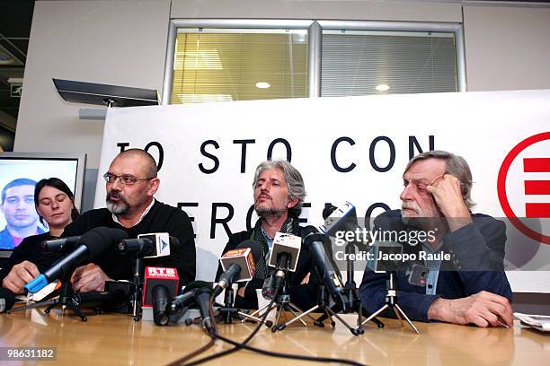 Medical workers Matteo Dell'Aira and Marco Garatti attend a press conference with Gino Strada, founder of Italian aid agency Emergency, at the...