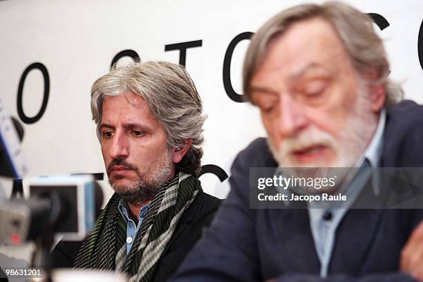 Medical worker Matteo Dell'Aira attends a press conference with Gino Strada, founder of Italian aid agency Emergency, at the agency's headquarters on...