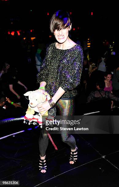 French singer Yelle poses prior to her DJ performance at Down & Derby Roller-Disco inside the Rain Nightclub on April 22, 2010 in Las Vegas, Nevada.
