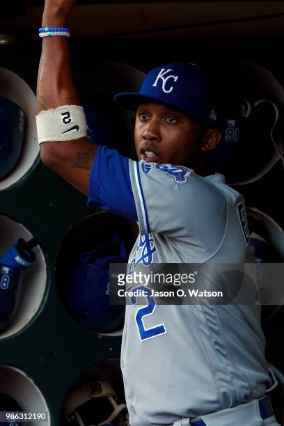 Alcides Escobar of the Kansas City Royals stands in the dugout before the game against the Oakland Athletics at the Oakland Coliseum on June 8, 2018...