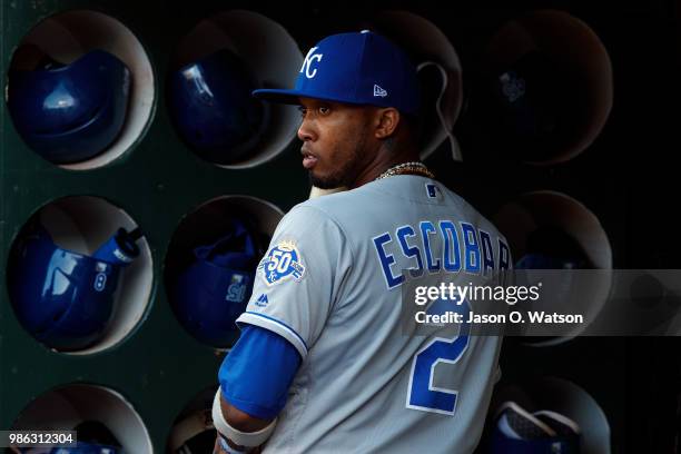 Alcides Escobar of the Kansas City Royals stands in the dugout before the game against the Oakland Athletics at the Oakland Coliseum on June 8, 2018...