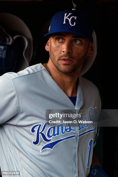 Paulo Orlando of the Kansas City Royals stands in the dugout before the game against the Oakland Athletics at the Oakland Coliseum on June 8, 2018 in...